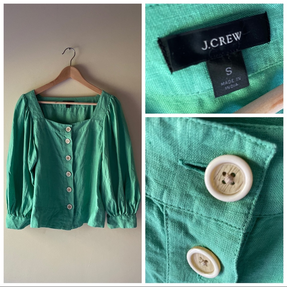 J. Crew Squareneck Button-front Linen Top Shirt | Classic Green